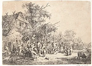 Dansende bønder ved et herberg by Adriaen van Ostade