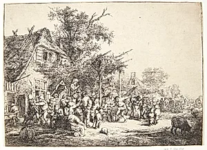 Dansende bønder ved et herberg by Adriaen van Ostade