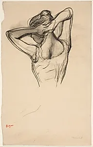 Danserinde der sætter sit hår; halvfigur i profil til venstre, halvt bagfra by Edgar Degas