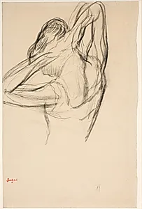 Danserinde der sætter sit hår; halvfigur i profil til venstre, halvt bagfra by Edgar Degas