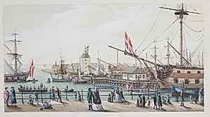 Danske krigsskibe og svensk chalup ved Toldboden i København by Gustaf Boberg