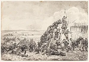 Danske soldater stormer en palisaderække. Fra kampen ved Frederica by Niels Simonsen