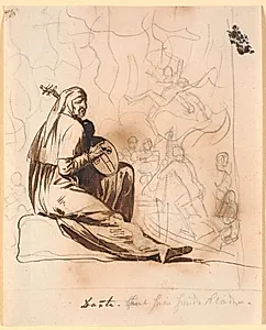 Dante siddende med en lut, i baggrunden figurer fra Inferno by Nicolai Abildgaard