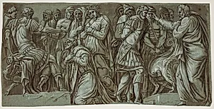 Darius’ familie for Alexander og en scene med fanger. Fra facaden af Palazzo Milesi by Ubekendt