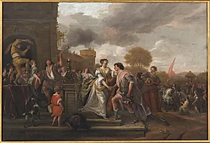 David hyldes efter sejren over Goliat og filistrene by Jan Steen