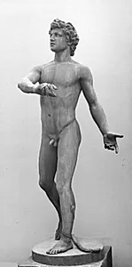 David, idet han slynger stenen mod Goliath. Stående nøgen med slyngen liggende ved sine fødder by August Saabye