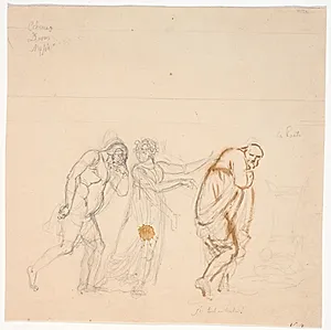 Davus Mysis og Chremes. Studie til billedet Chremes lytter til (tjenestepigen) Mysis' og Davus' samtale by Nicolai Abildgaard