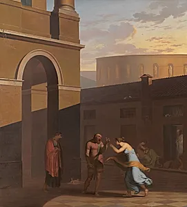 Davus taler med Mysis, Androspigens tjenestepige, som har lagt det nyfødte barn uden for Simos hus. Den lyttende Cremes opgiver sin datters forbindelse med Pamfilus. Motiv fra Terents: Pigen fra Andros
