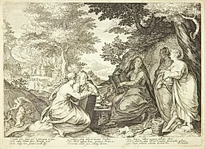 De forstandige jomfruer samlet i et landskab, i baggrunden Johannes Døberen, der prædiker
