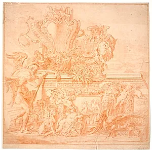 Dekorationsudkast med en gammel mand, symboliserende tiden, et skjold, en vase, en ørn og flere allegoriske figurer by Ubekendt