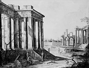 Dekorativt landskab med fantasiarkitektur by Giovanni Antonio Cesari