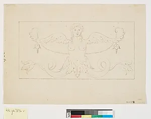 Dekorativt udkast til et dørstykke. Kvindetorso med vinger og fiskehaler, sandsynligvis en sirene eller et fantasivæsen symboliserende elementerne luft og vand by Nicolai Abildgaard
