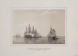 Den danske escadre i året 1841 unde rden meklenborgske kyst. Hvor kronprinsen forlader orlogsskibet Christian den ottende for at gå med dampskibet Kiel til Rostok by Adolph Kittendorff