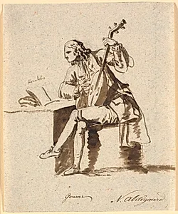 Den engelske digter Gower siddende med en lut ved et bord, på hvilket Herodot ligger opslået by Nicolai Abildgaard