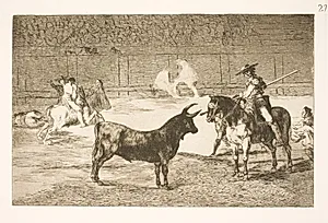 Den fejrede picador, Fernando del Toro, provokerer den olme tyr med sin lanse by Francisco de Goya