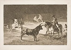Den fejrede picador, Fernando del Toro, provokerer den olme tyr med sin lanse by Francisco de Goya