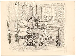 Den gamle kone fletter hår by Fritz Syberg