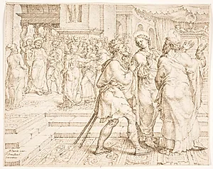 Den helbredte lamme følger med Peter og Johannes ind i templet by Maarten van Heemskerck