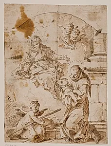 Den hellige Antonius af Padova knælende med Jesusbarnet i sine arme, mens Jomfru Maria og engle åbenbarer sig i skyen by Pietro Antonio Novelli