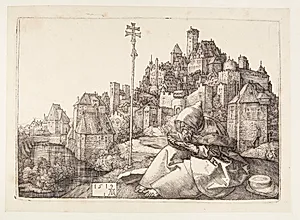 Den hellige Antonius foran en by by Albrecht Dürer