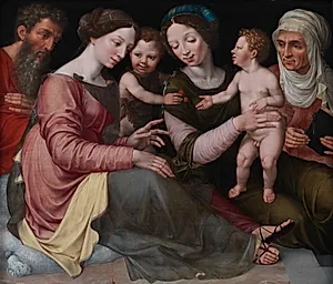 Den hellige familie med den lille Johannes, Skt. Elisabeth (Johannes' moder) og Skt. Anna (Marias moder) by Vincent Sellaer