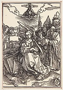 Den hellige familie med fem engle by Albrecht Dürer