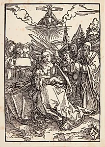 Den hellige familie med fem engle by Albrecht Dürer