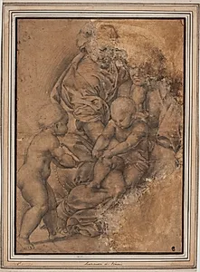 Den hellige familie med Johannes Døberen som spæd. Efter Giulio Romanos "Madonna della Gatta" by Ubekendt