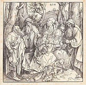Den hellige familie med musicerende engle by Albrecht Dürer
