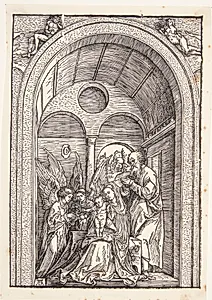 Den hellige familie med to engle i en hvælvet sal by Albrecht Dürer