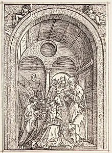 Den hellige familie med to engle i en hvælvet sal by Albrecht Dürer