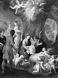 Den hellige familie omgivet af engle by Hans Rottenhammer