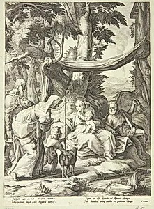 Den hellige familie siddende i et landskab med Elisabeth, Zakarias og Johannes Døberen som barn by Jacob Matham