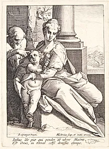 Den hellige familie ved en søjle by Hendrick Goltzius