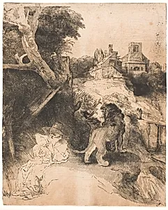 Den hellige Hieronymus, læsende i et italiensk landskab by Rembrandt van Rijn