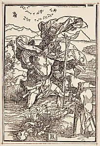 Den hellige Kristoffer i ødemarken, med en flok af flyvende fugle by Albrecht Dürer