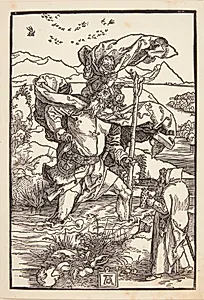 Den hellige Kristoffer i ødemarken, med en flok af flyvende fugle by Albrecht Dürer
