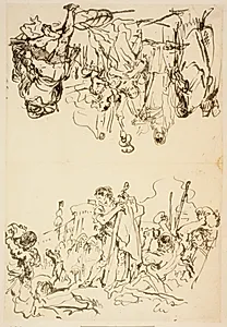 Den hellige Stefanus' martyrium, samt: Agrippina d.Æ.'s landgang i Brindisi med Germanicus' aske by Giovanni Domenico Tiepolo