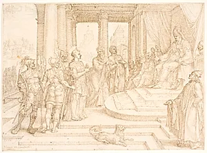 Den hellige Stefanus stilles for ypperstepræsten by Maarten van Heemskerck