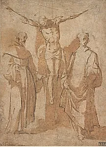 Den korsfæstede Kristus mellem to helgener by Sebastiano Vini