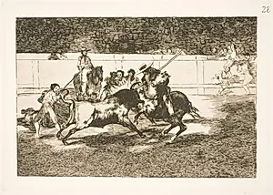 Den kraftfulde Rendon stanger en tyr med lansen, udfaldet, der forårsagede hans død i arenaen i Madrid by Francisco de Goya
