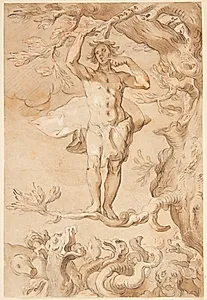 Den menneskelige glædes skrøbelighed. En mand, der jages af en drage, klynger sig til en gren, mens han slikker honning af sin finger by Abraham Bloemaert