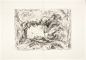 Den monumentale tavle. Dekorativ capriccio med bart murstykke udsmykket med æggestavsfrise; i forgrunden en brændende urne, kranier og et timeglas by Giovanni Battista Piranesi