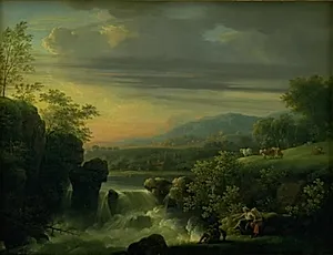 Den opgående sol i en bjergrig egn, i forgrunden et vandfald by Jens Juel