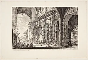 Den øvre del af burene til de vilde dyr, bygget af Domitian og placeret i tilknytning til Flavian's amfiteater, også kaldet Curia Hostillia by Giovanni Battista Piranesi
