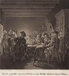 Den politiske kandestøber. ”Havde jeg ikke været en Politikus, da skulle du have fået skam.” Gravering efter Lorentzens Holberg Galleri. by J.F. Clemens