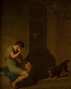 Den romerske digter Tibul der græder uden for sin elskedes dør, fordi han ingen penge har by Nicolai Abildgaard