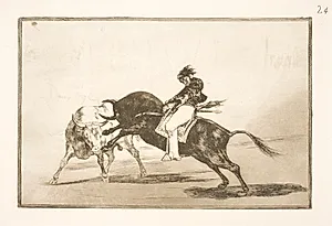 Den samme Ceballos, siddende på ryggen af en anden tyr, brækker korte spyd i arenaen i Madrid by Francisco de Goya