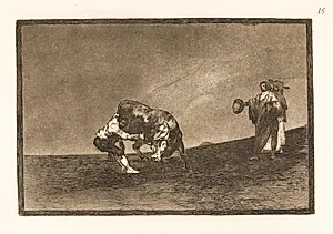 Den samme mand trækker en tyr omkuld i arenaen i Madrid by Francisco de Goya