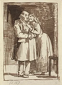 Den sleske kone. En kone taler indtrængende til sin gamle ægtemand og har armene om hans hals by Wilhelm Marstrand